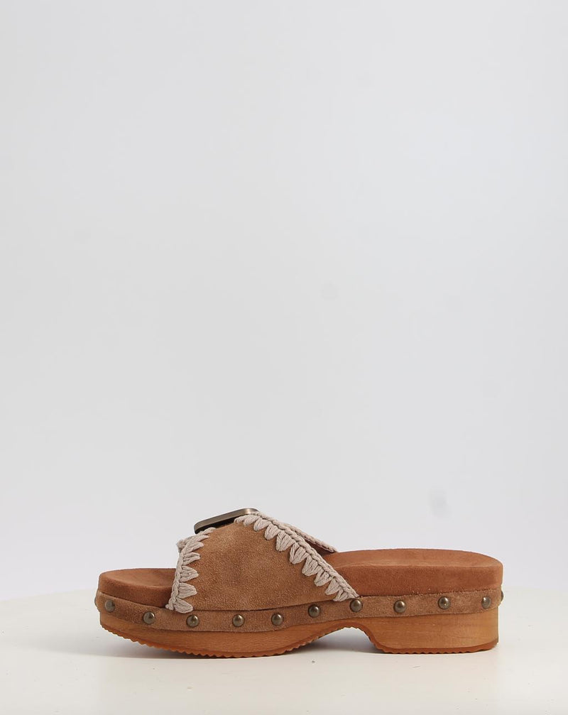 Sandales MOU LOW HEEL WOOD CLOG WITH BUCKLE cuir